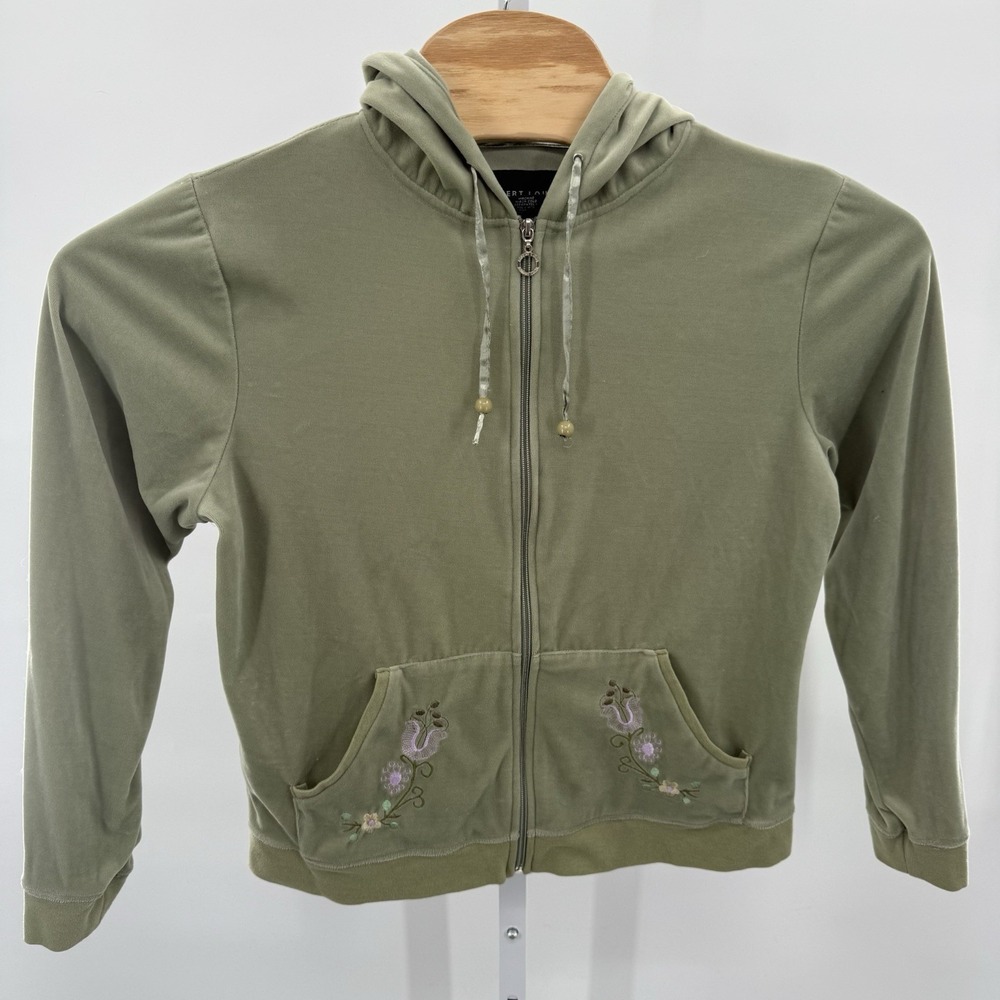 Robert Louis Full Zip Hooded Jacket Large Embroidered Flowers Green Velvety Cozy